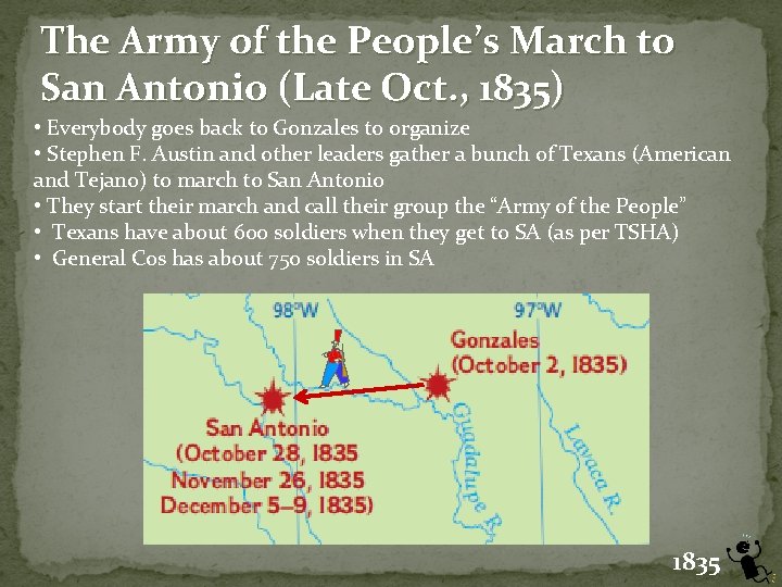 The Army of the People’s March to San Antonio (Late Oct. , 1835) •