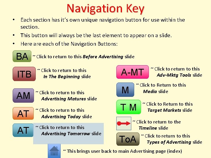 Navigation Key • Each section has it’s own unique navigation button for use within