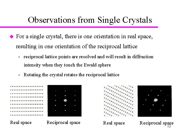 Observations from Single Crystals u For a single crystal, there is one orientation in