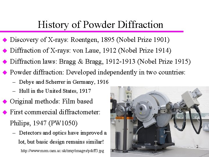 History of Powder Diffraction u Discovery of X rays: Roentgen, 1895 (Nobel Prize 1901)