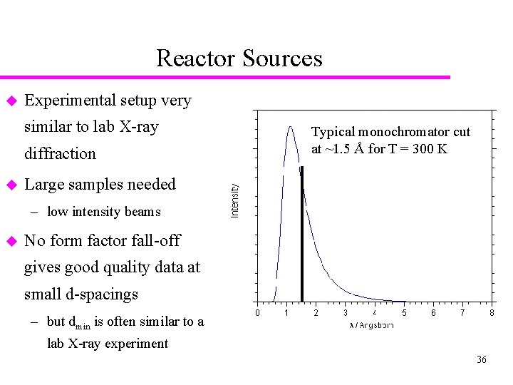Reactor Sources u Experimental setup very similar to lab X ray diffraction u Typical