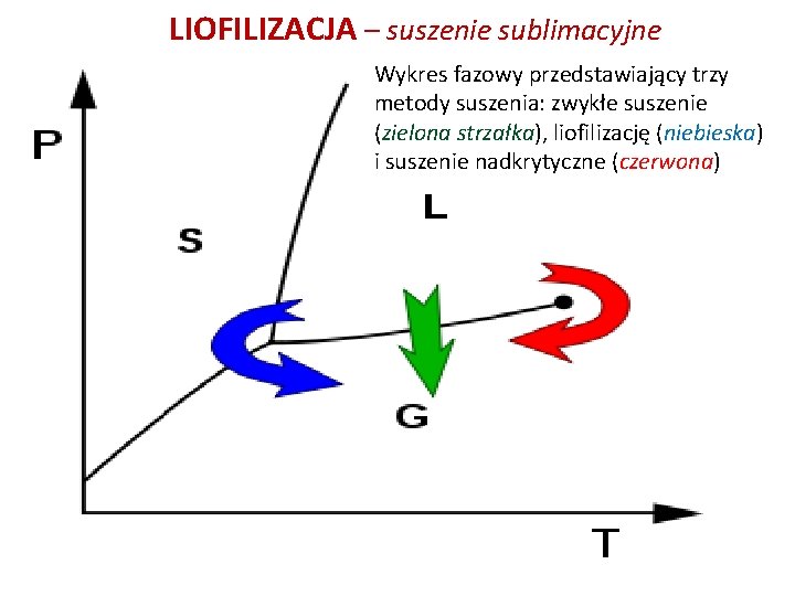 LIOFILIZACJA – suszenie sublimacyjne Wykres fazowy przedstawiający trzy metody suszenia: zwykłe suszenie (zielona strzałka),