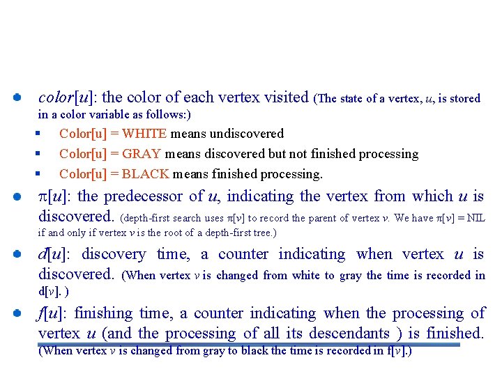 Another Algorithm: Four Arrays for DFS Algorithm color[u]: the color of each vertex visited