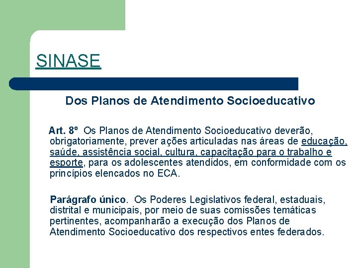 SINASE Dos Planos de Atendimento Socioeducativo Art. 8º Os Planos de Atendimento Socioeducativo deverão,
