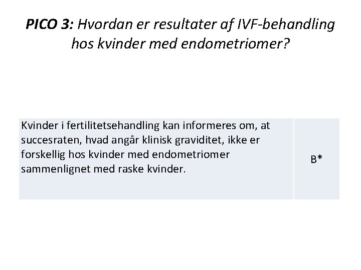 PICO 3: Hvordan er resultater af IVF-behandling hos kvinder med endometriomer? Kvinder i fertilitetsehandling