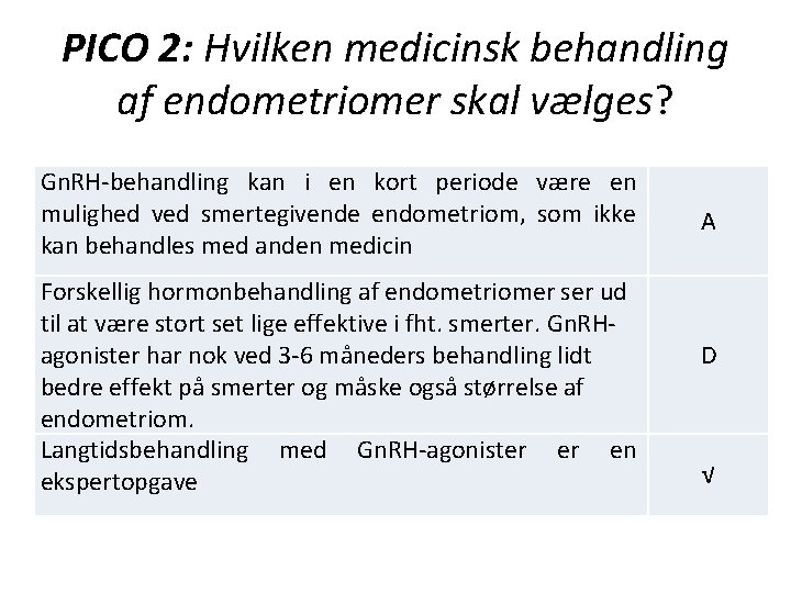 PICO 2: Hvilken medicinsk behandling af endometriomer skal vælges? Gn. RH-behandling kan i en