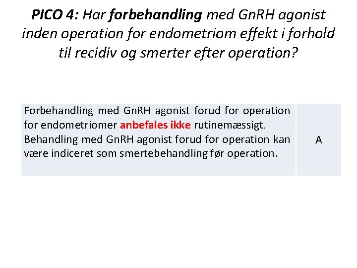 PICO 4: Har forbehandling med Gn. RH agonist inden operation for endometriom effekt i