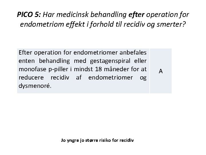 PICO 5: Har medicinsk behandling efter operation for endometriom effekt i forhold til recidiv