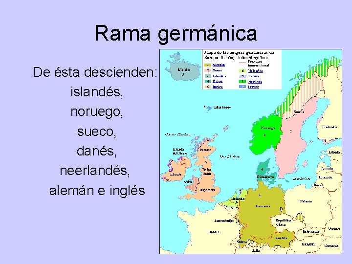 Rama germánica De ésta descienden: islandés, noruego, sueco, danés, neerlandés, alemán e inglés Rama germánica De ésta descienden: islandés, noruego, sueco, danés, neerlandés, alemán e inglés