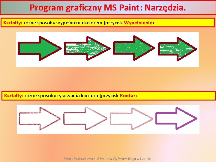 Program graficzny MS Paint: Narzędzia. Kształty: różne sposoby wypełnienia kolorem (przycisk Wypełnienie). Kształty: różne