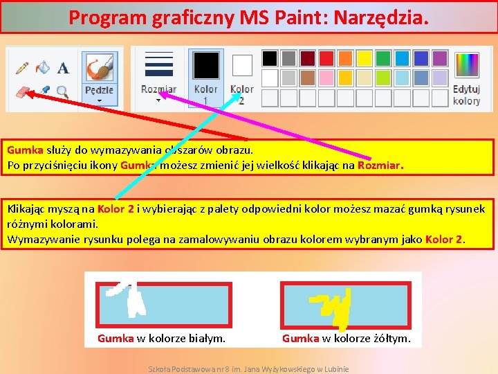 Program graficzny MS Paint: Narzędzia. Gumka służy do wymazywania obszarów obrazu. Po przyciśnięciu ikony