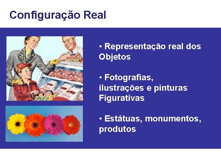 Configuração Real • Representação real dos Objetos • Fotografias, ilustrações e pinturas Figurativas •