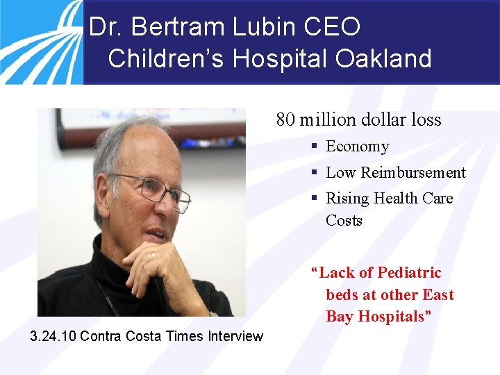 Dr. Bertram Lubin CEO Children’s Hospital Oakland 80 million dollar loss § Economy §