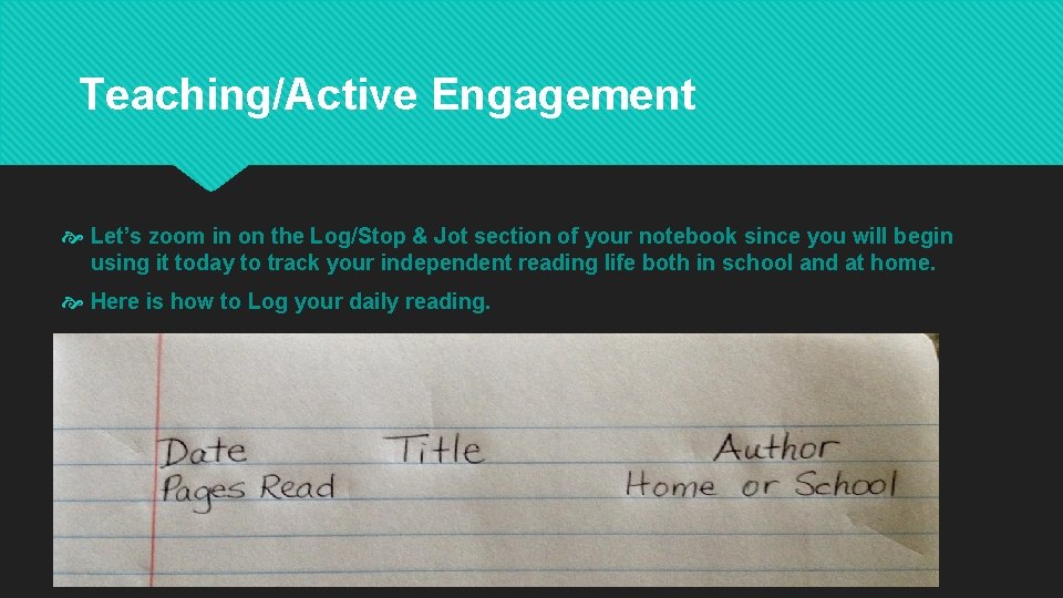 Teaching/Active Engagement Let’s zoom in on the Log/Stop & Jot section of your notebook