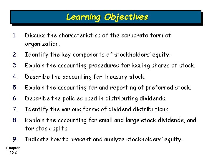 Learning Objectives 1. Discuss the characteristics of the corporate form of organization. 2. Identify