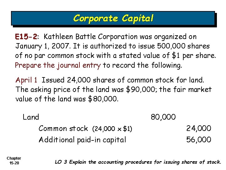Corporate Capital E 15 -2: Kathleen Battle Corporation was organized on January 1, 2007.