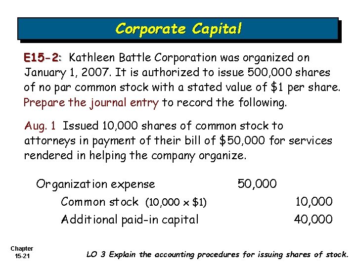 Corporate Capital E 15 -2: Kathleen Battle Corporation was organized on January 1, 2007.