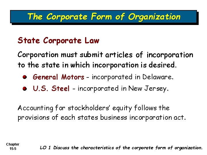 The Corporate Form of Organization State Corporate Law Corporation must submit articles of incorporation