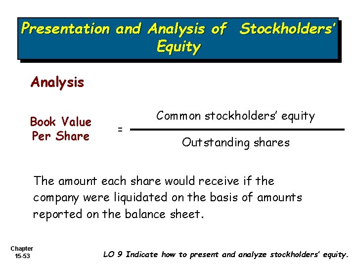 Presentation and Analysis of Stockholders’ Equity Analysis Book Value Per Share = Common stockholders’