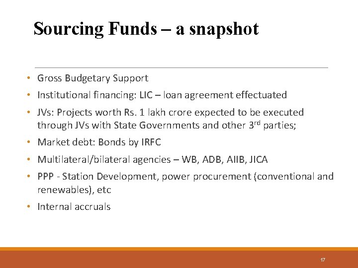Sourcing Funds – a snapshot • Gross Budgetary Support • Institutional financing: LIC –