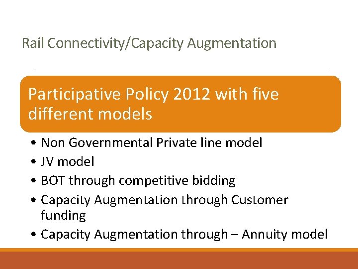 Rail Connectivity/Capacity Augmentation Participative Policy 2012 with five different models • Non Governmental Private