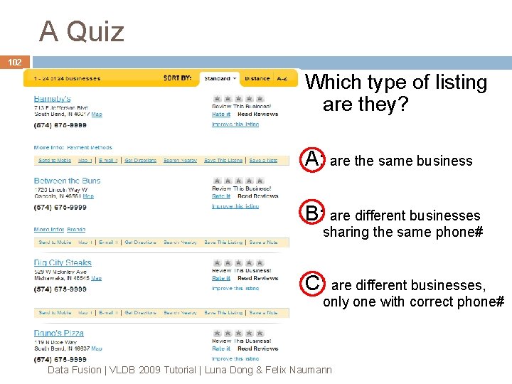 A Quiz 102 Which type of listing are they? A: are the same business A Quiz 102 Which type of listing are they? A: are the same business