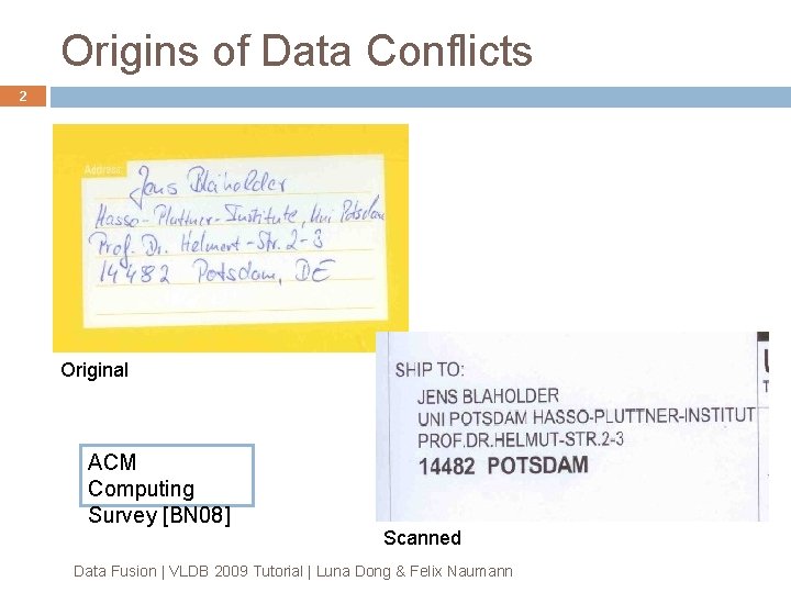 Origins of Data Conflicts 2 Original ACM Computing Survey [BN 08] Scanned Data Fusion