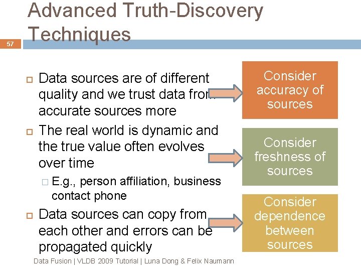 57 Advanced Truth-Discovery Techniques Data sources are of different quality and we trust data 57 Advanced Truth-Discovery Techniques Data sources are of different quality and we trust data