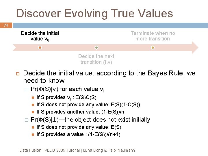 Discover Evolving True Values 74 Decide the initial value v 0 Terminate when no Discover Evolving True Values 74 Decide the initial value v 0 Terminate when no