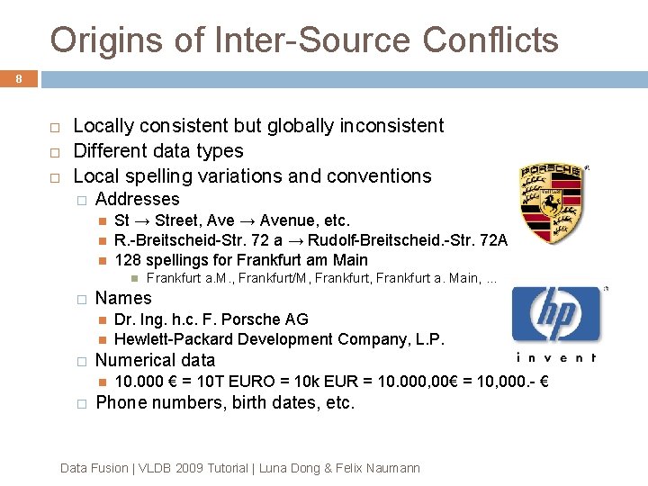 Origins of Inter-Source Conflicts 8 Locally consistent but globally inconsistent Different data types Local Origins of Inter-Source Conflicts 8 Locally consistent but globally inconsistent Different data types Local