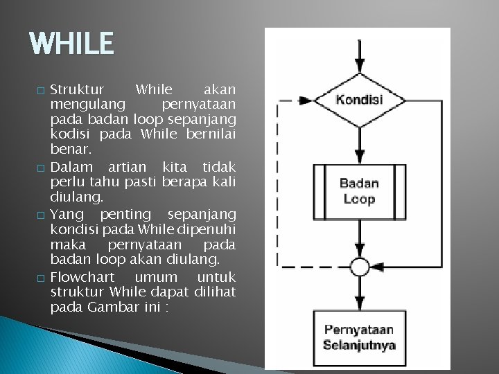 WHILE � � Struktur While akan mengulang pernyataan pada badan loop sepanjang kodisi pada