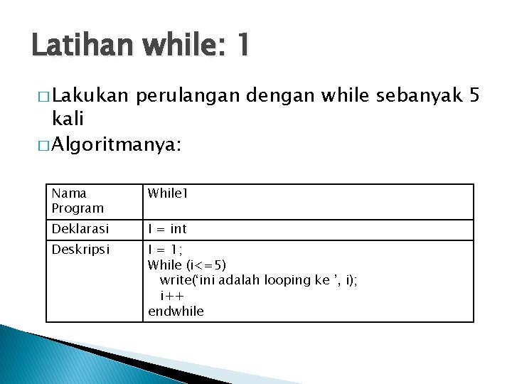 Latihan while: 1 � Lakukan perulangan dengan while sebanyak 5 kali � Algoritmanya: Nama