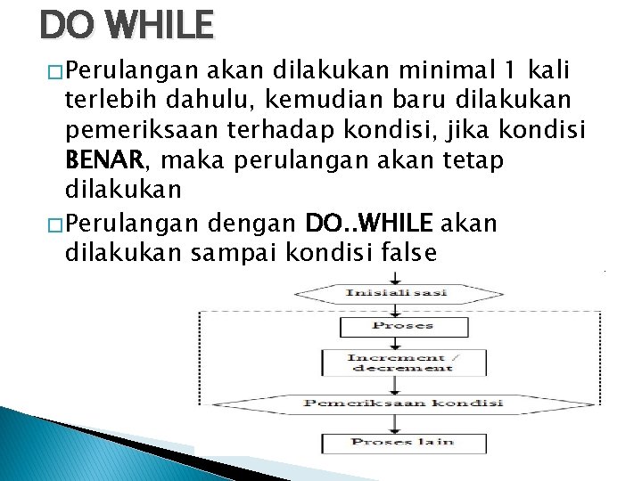 DO WHILE � Perulangan akan dilakukan minimal 1 kali terlebih dahulu, kemudian baru dilakukan