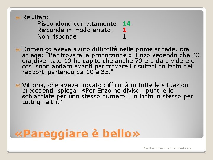  Risultati: Rispondono correttamente: 14 Risponde in modo errato: 1 Non risponde: 1 Domenico