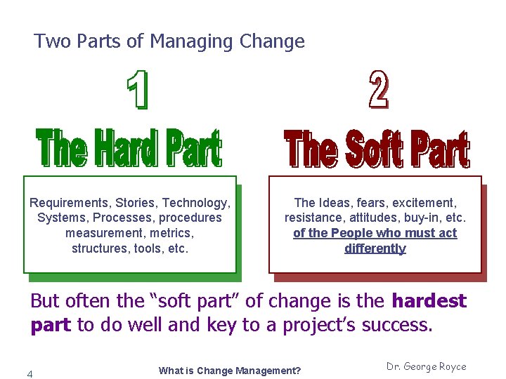 Two Parts of Managing Change Requirements, Stories, Technology, Systems, Processes, procedures measurement, metrics, structures,