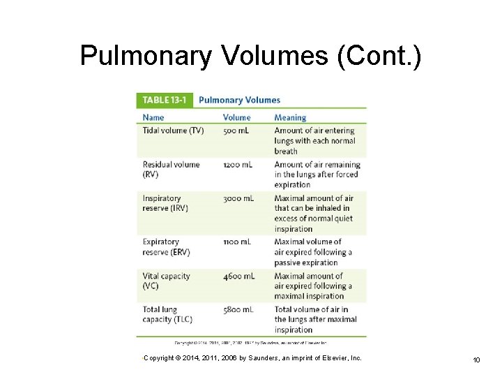 Pulmonary Volumes (Cont. ) • Copyright © 2014, 2011, 2006 by Saunders, an imprint