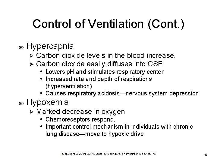 Control of Ventilation (Cont. ) Hypercapnia Ø Ø Carbon dioxide levels in the blood