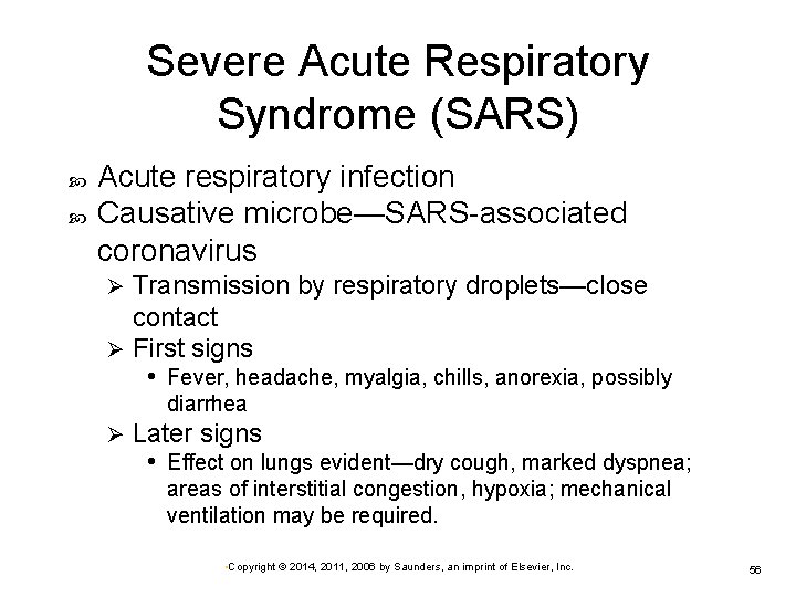 Severe Acute Respiratory Syndrome (SARS) Acute respiratory infection Causative microbe—SARS-associated coronavirus Transmission by respiratory