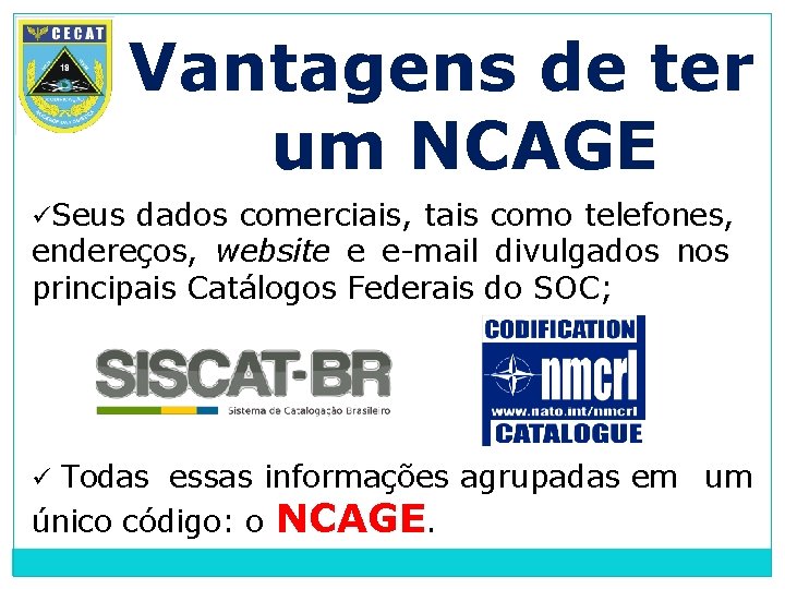 Vantagens de ter um NCAGE Seus dados comerciais, tais como telefones, endereços, website e