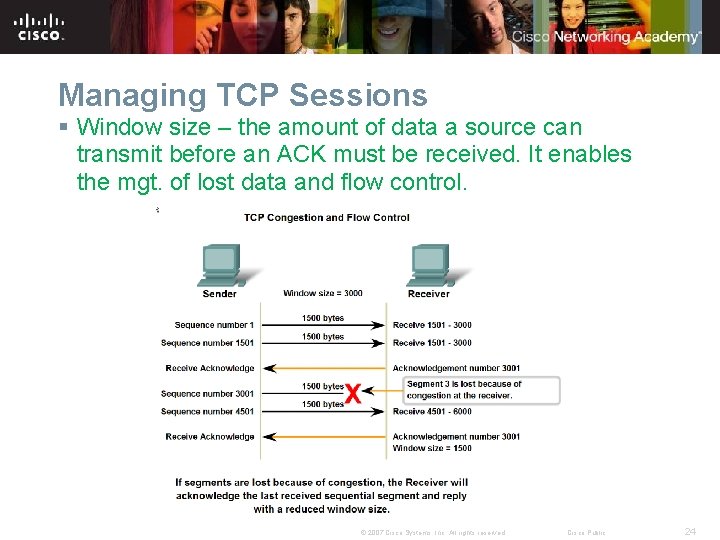 Managing TCP Sessions § Window size – the amount of data a source can