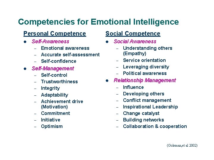 Competencies for Emotional Intelligence Personal Competence l Self-Awareness – – – l Social Competence