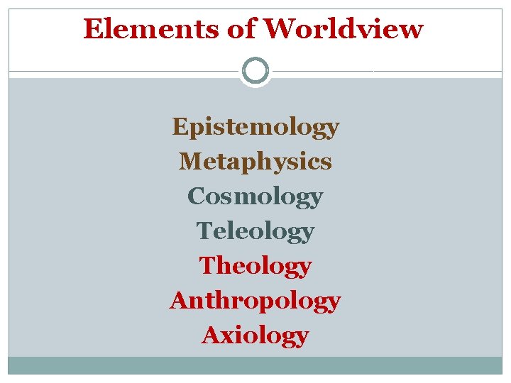 Elements of Worldview Epistemology Metaphysics Cosmology Teleology Theology Anthropology Axiology 