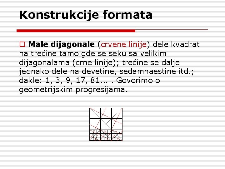 Konstrukcije formata o Male dijagonale (crvene linije) dele kvadrat na trećine tamo gde se