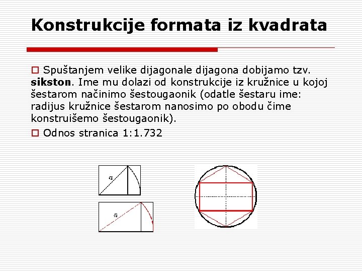 Konstrukcije formata iz kvadrata o Spuštanjem velike dijagonale dijagona dobijamo tzv. sikston. Ime mu