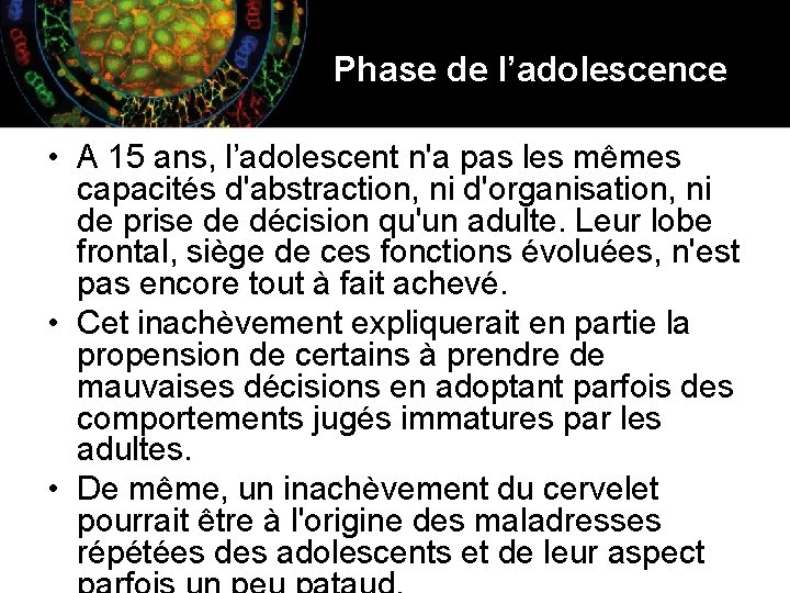 Phase de l’adolescence • A 15 ans, l’adolescent n'a pas les mêmes capacités d'abstraction,