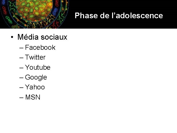 Phase de l’adolescence • Média sociaux – Facebook – Twitter – Youtube – Google