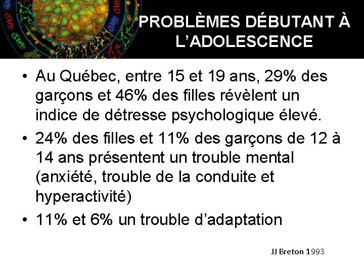 PROBLÈMES DÉBUTANT À L’ADOLESCENCE • Au Québec, entre 15 et 19 ans, 29% des