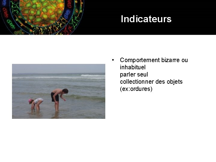 Indicateurs • Comportement bizarre ou inhabituel parler seul collectionner des objets (ex: ordures) 