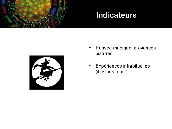 Indicateurs • Pensée magique, croyances bizarres • Expériences inhabituelles (illusions, etc. . ) 