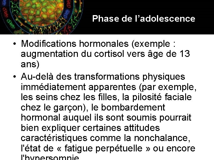 Phase de l’adolescence • Modifications hormonales (exemple : augmentation du cortisol vers âge de